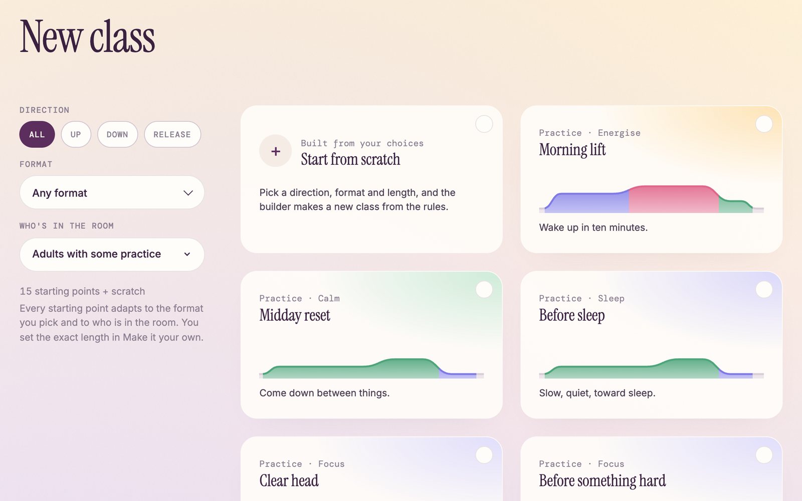The builder's New class screen: filters for direction, format and who is in the room, and starter classes with the shape of each